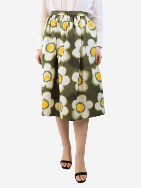Khaki silk floral midi skirt - size UK 8 product image