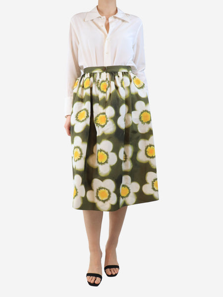 Khaki silk floral midi skirt - size UK 8 alternate image