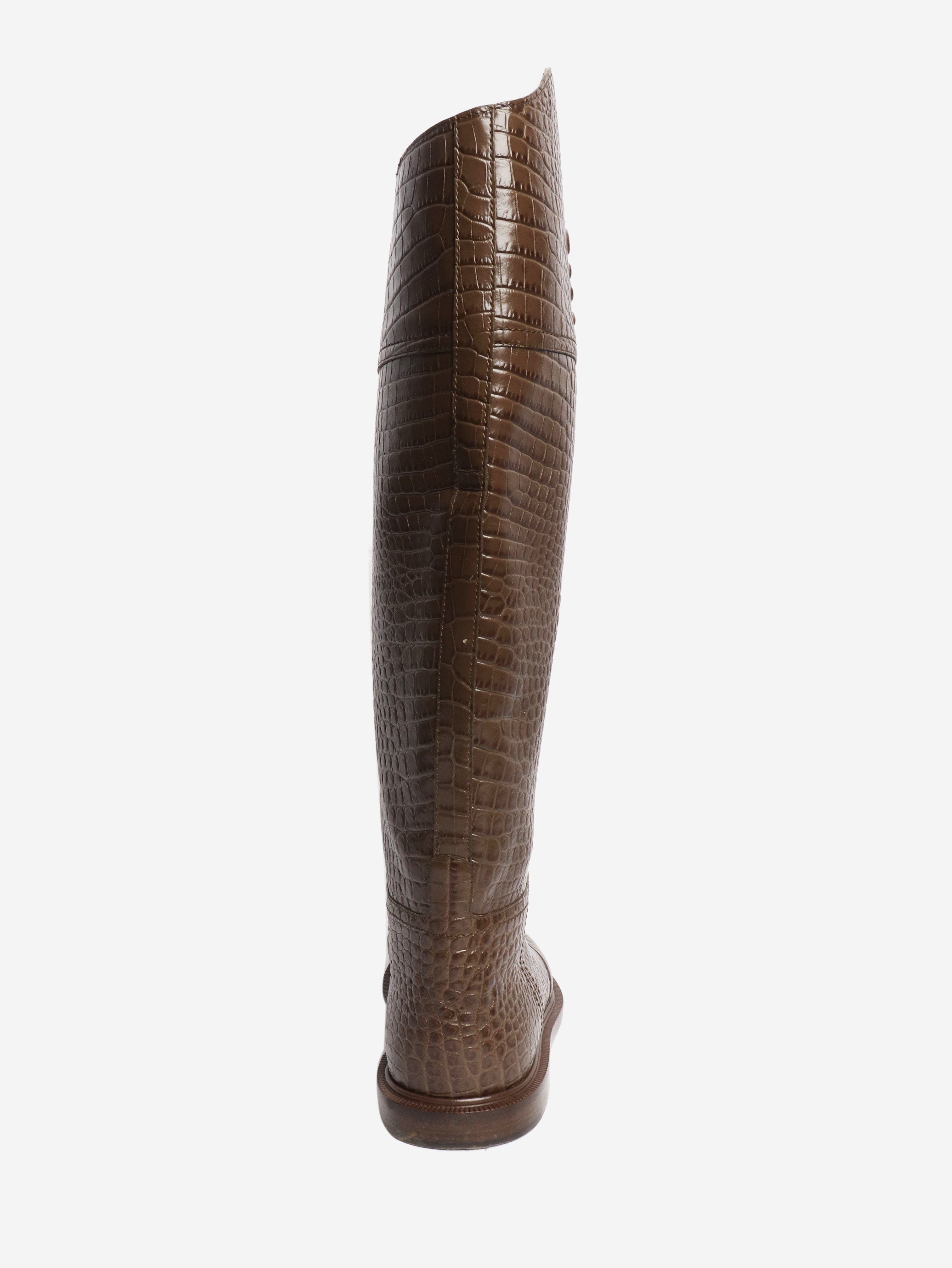 Brown Karligraphy croc-embossed riding boots - size EU 38.5 Boots Fendi 