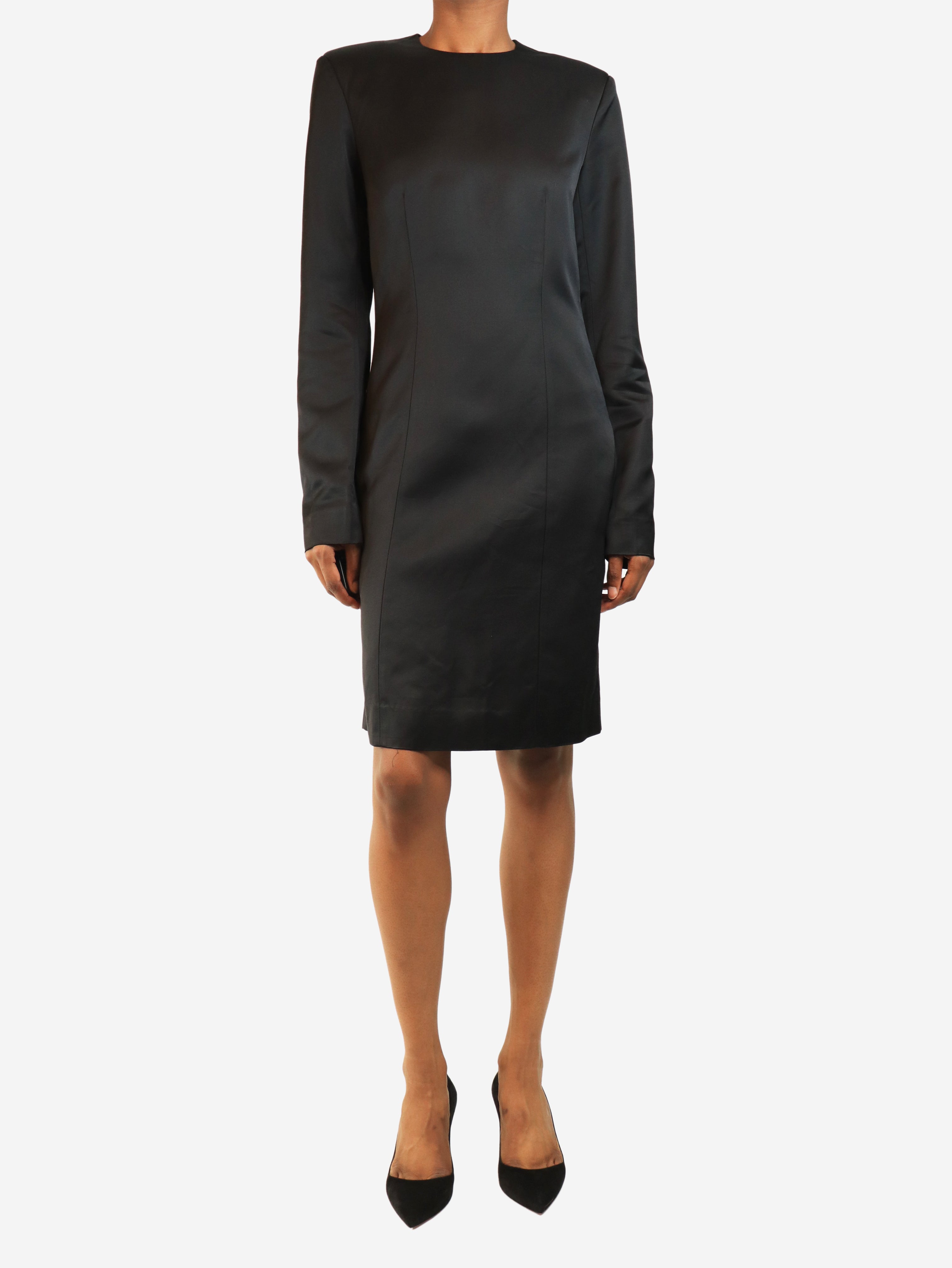Black long sleeved satin mini dress - size UK 8