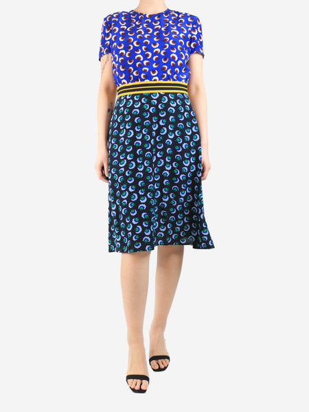 Blue silk printed midi dress - size UK 12 product image