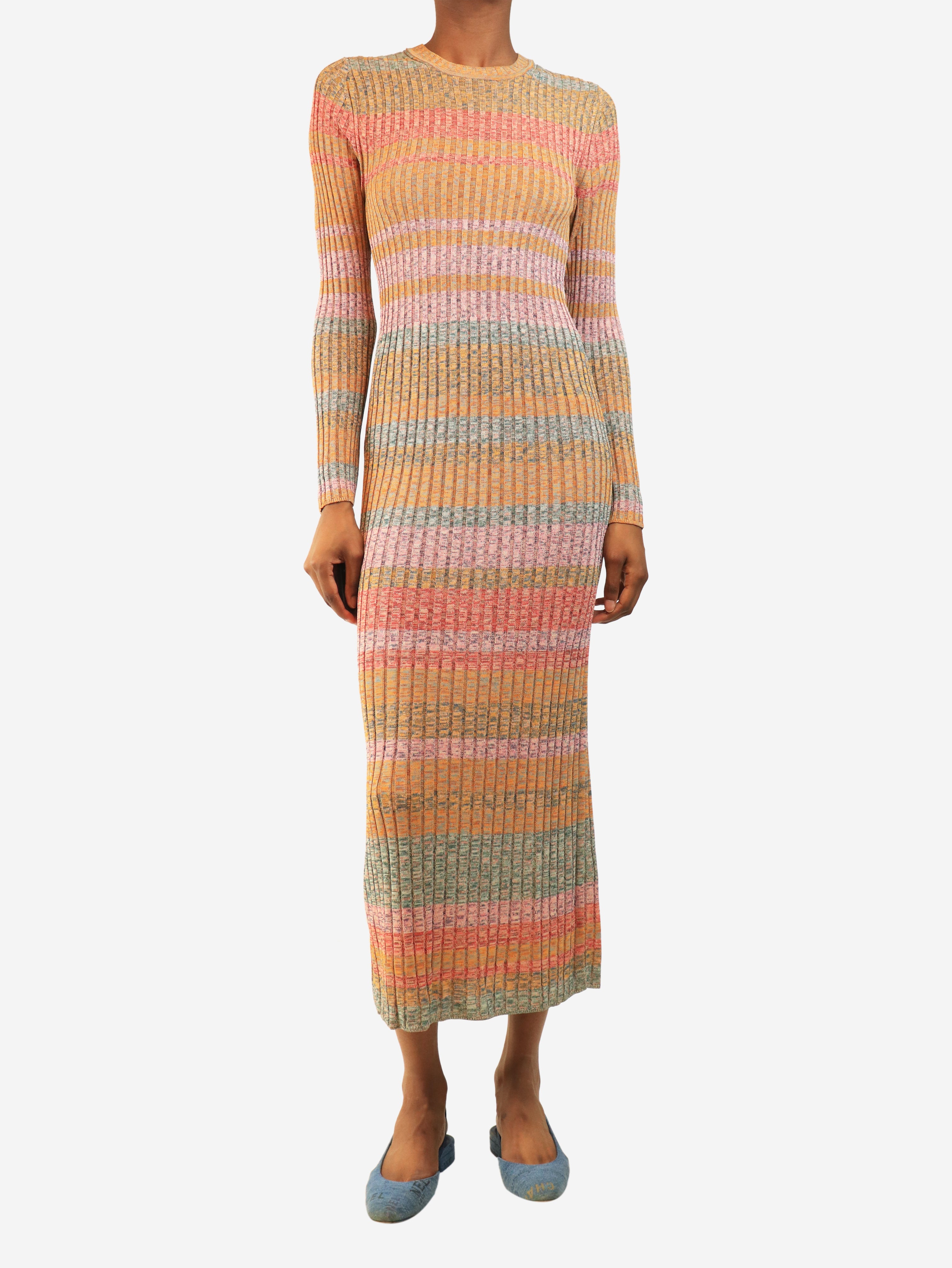 Multicolour striped rib-knit maxi dress - size UK 8