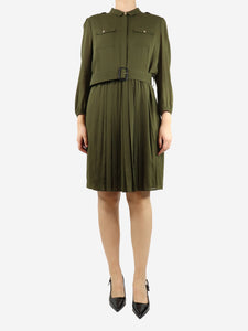 Burberry Khaki green belted silk shirt dress - size UK 14