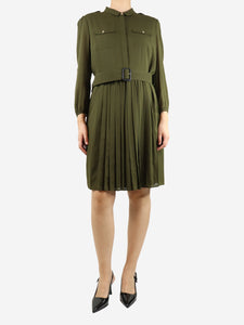 Burberry Khaki green belted silk shirt dress - size UK 14