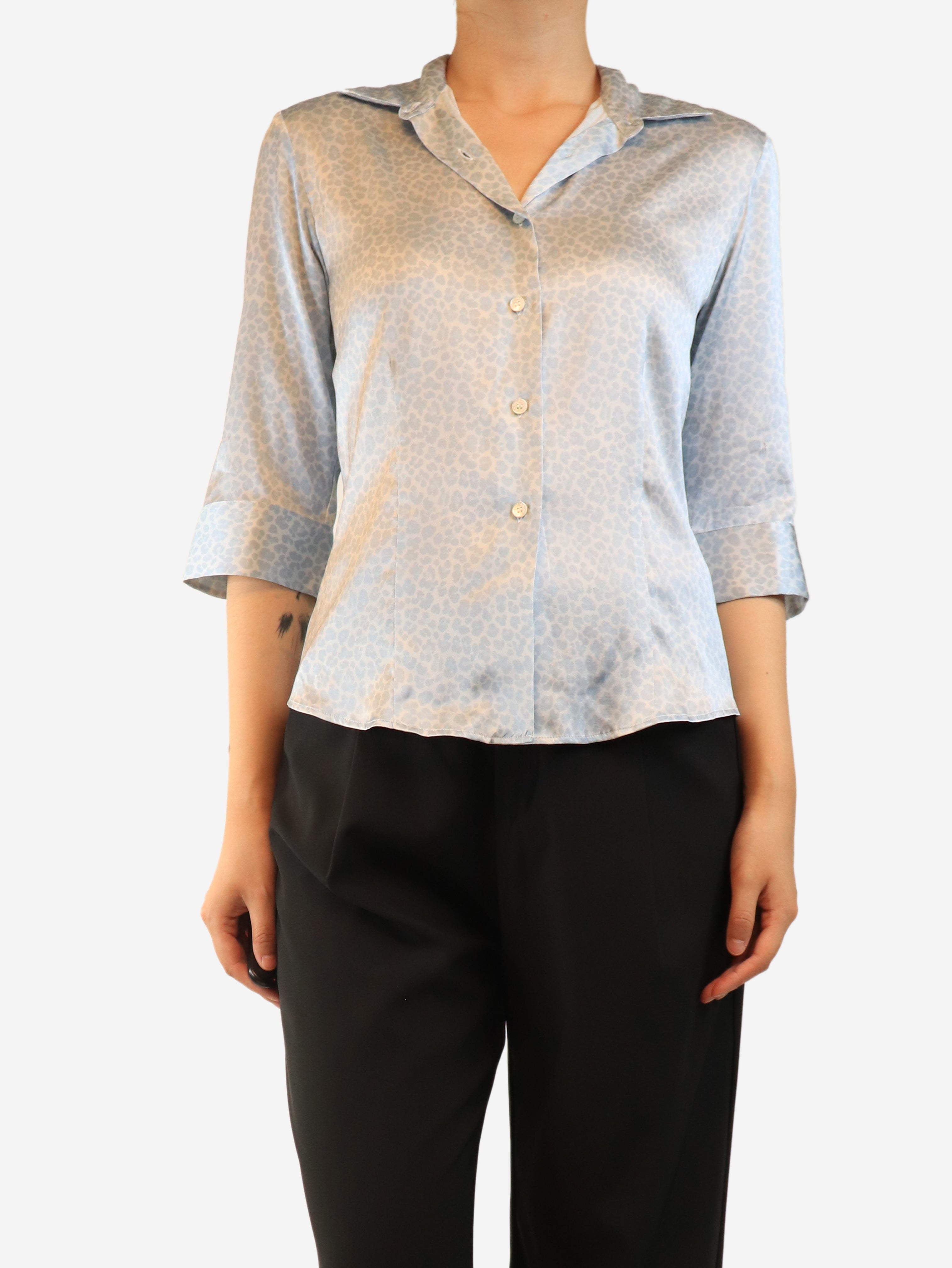 Blue silk leopard print blouse - size UK 12
