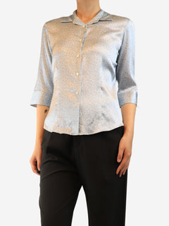 Blue silk leopard print blouse - size UK 12