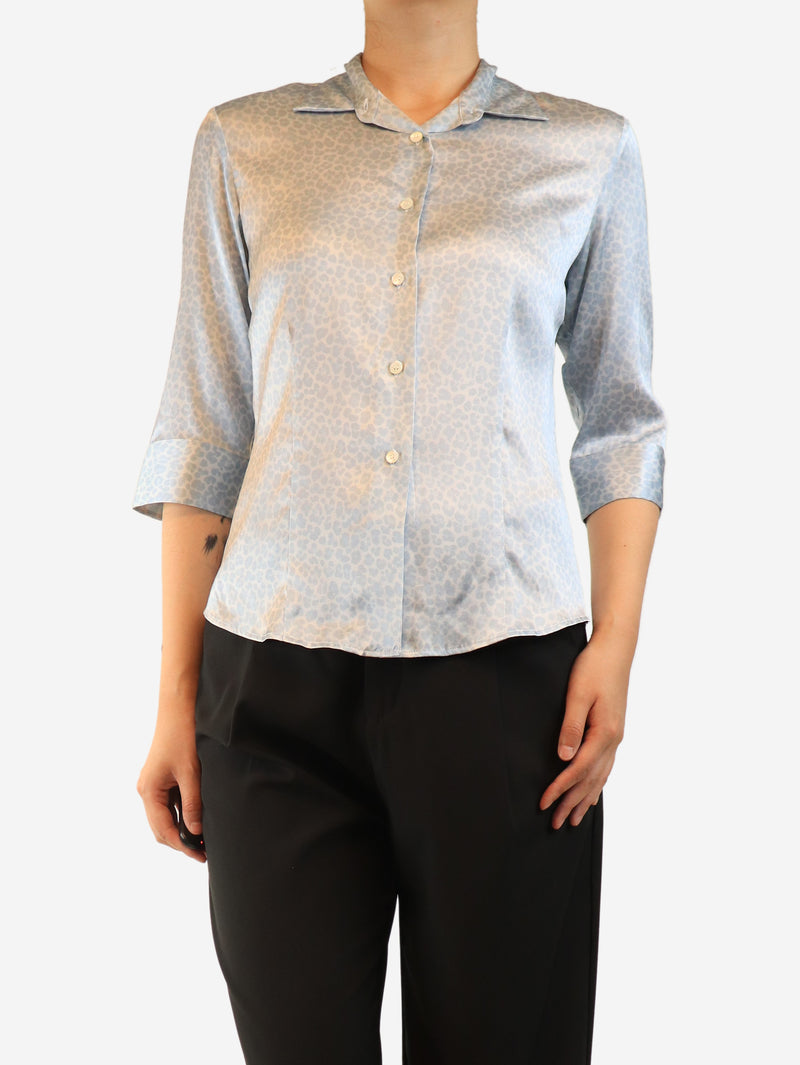 Blue silk leopard print blouse - size UK 12