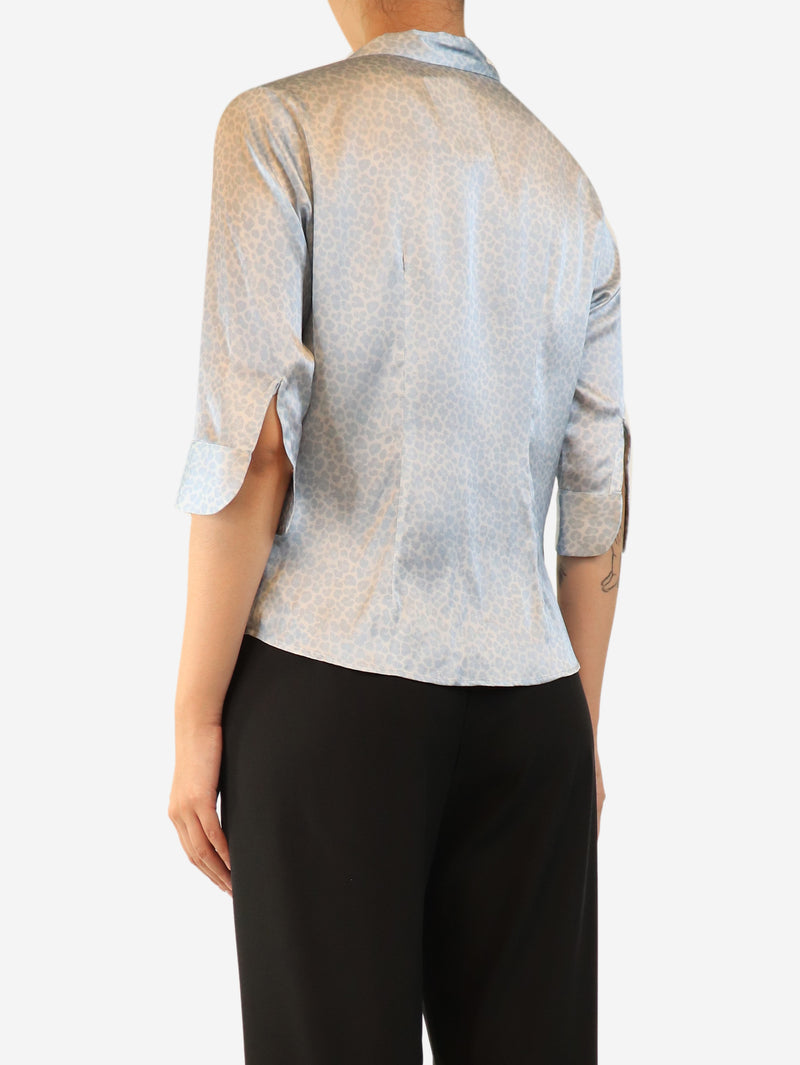 Blue silk leopard print blouse - size UK 12