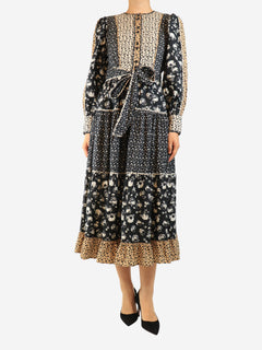 Black printed cotton midi dress - size UK 8