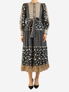 Black printed cotton midi dress - size UK 8