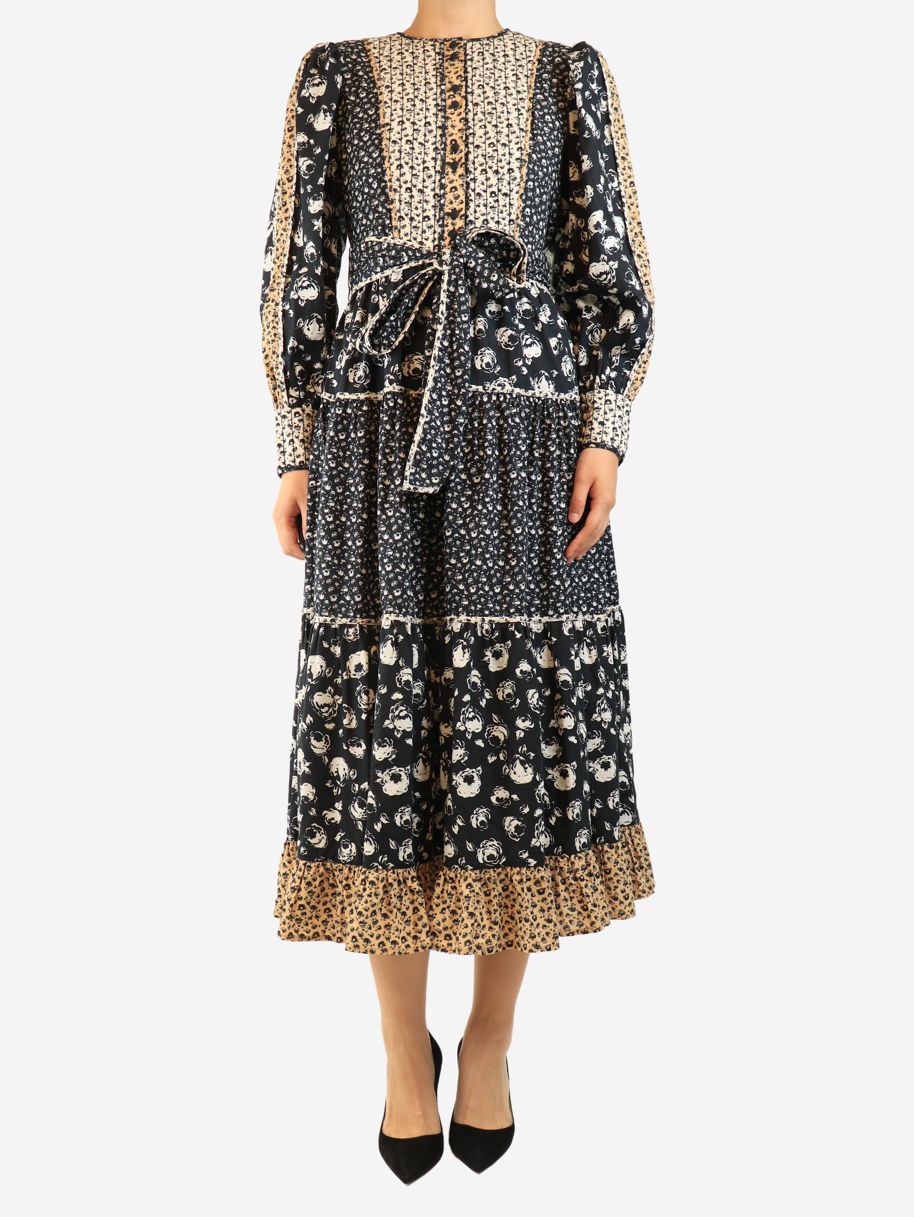 Black printed cotton midi dress - size UK 8