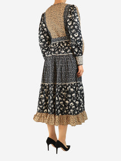 Black printed cotton midi dress - size UK 8