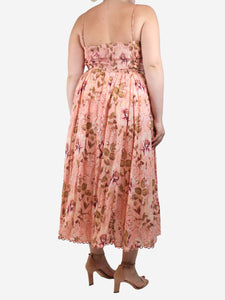 Zimmermann Pink floral linen flowy midi dress - size UK 12