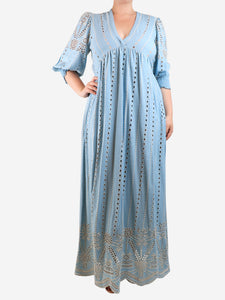 Valerie Khalflon Blue broderie midi dress - size UK 18