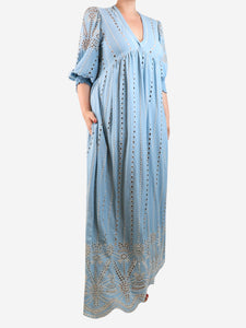 Valerie Khalflon Blue broderie midi dress - size UK 18