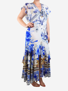 Camilla Blue floral silk diamante dress - size M