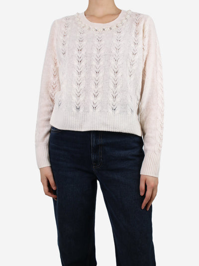 Love Shack Fancy Cream bejewelled cable knit sweater - size L Knitwear Love Shack Fancy 