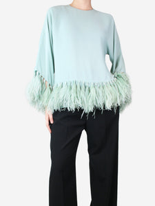 Valentino Green feather-trimmed silk top - size UK 8