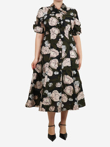 Erdem Black floral jacquard midi dress - size UK 14