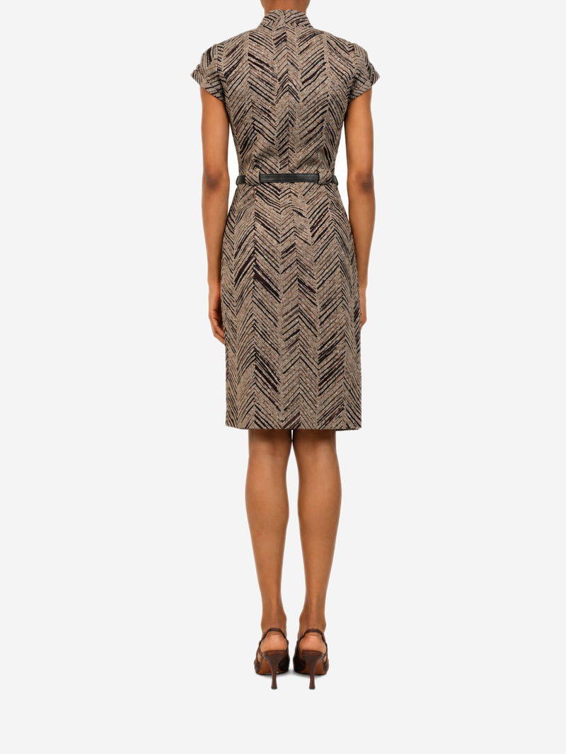 Brown chevron print belted cap-sleeve dress - size UK 6 Dresses Loro Piana 