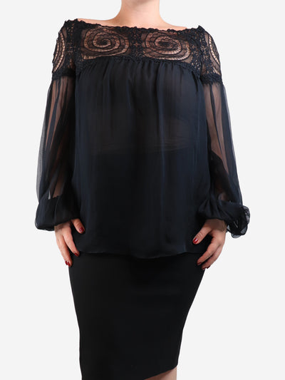 Black sheer lace-trim blouse - size UK 14 Tops Zuhair Murad 