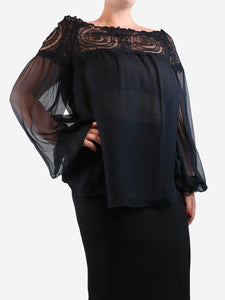 Zuhair Murad Black sheer lace-trim blouse - size UK 14