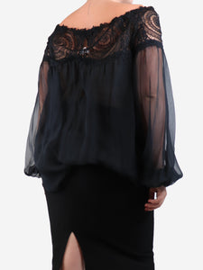 Zuhair Murad Black sheer lace-trim blouse - size UK 14