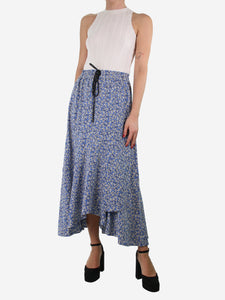 ME+EM Blue floral-printed ruffle hem maxi skirt - size UK 12