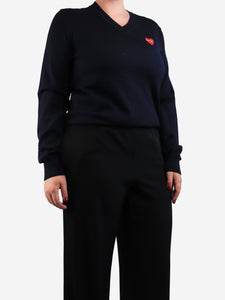 Comme Des Garçons PLAY Navy blue v-neck heart-logo jumper - size M