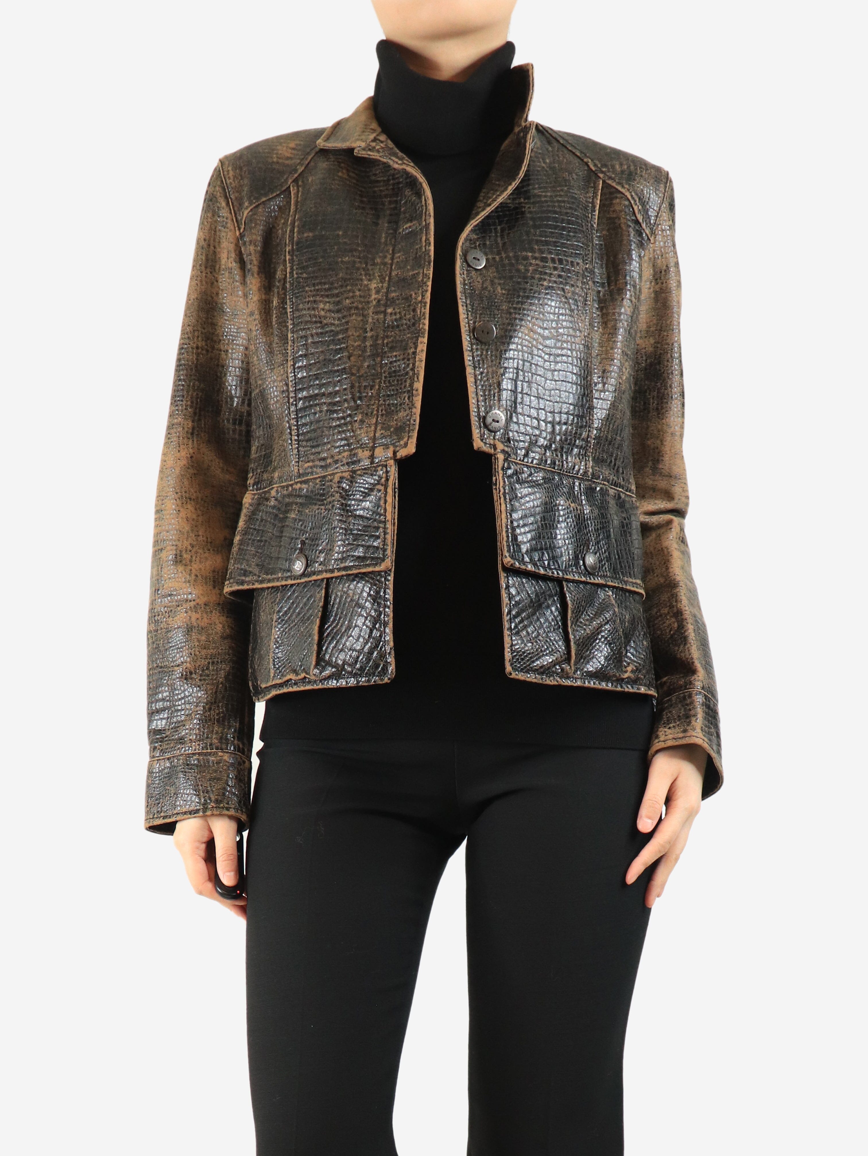 Brown vintage 2003 distressed faux-leather jacket - size UK 16 Coats & Jackets Chanel 