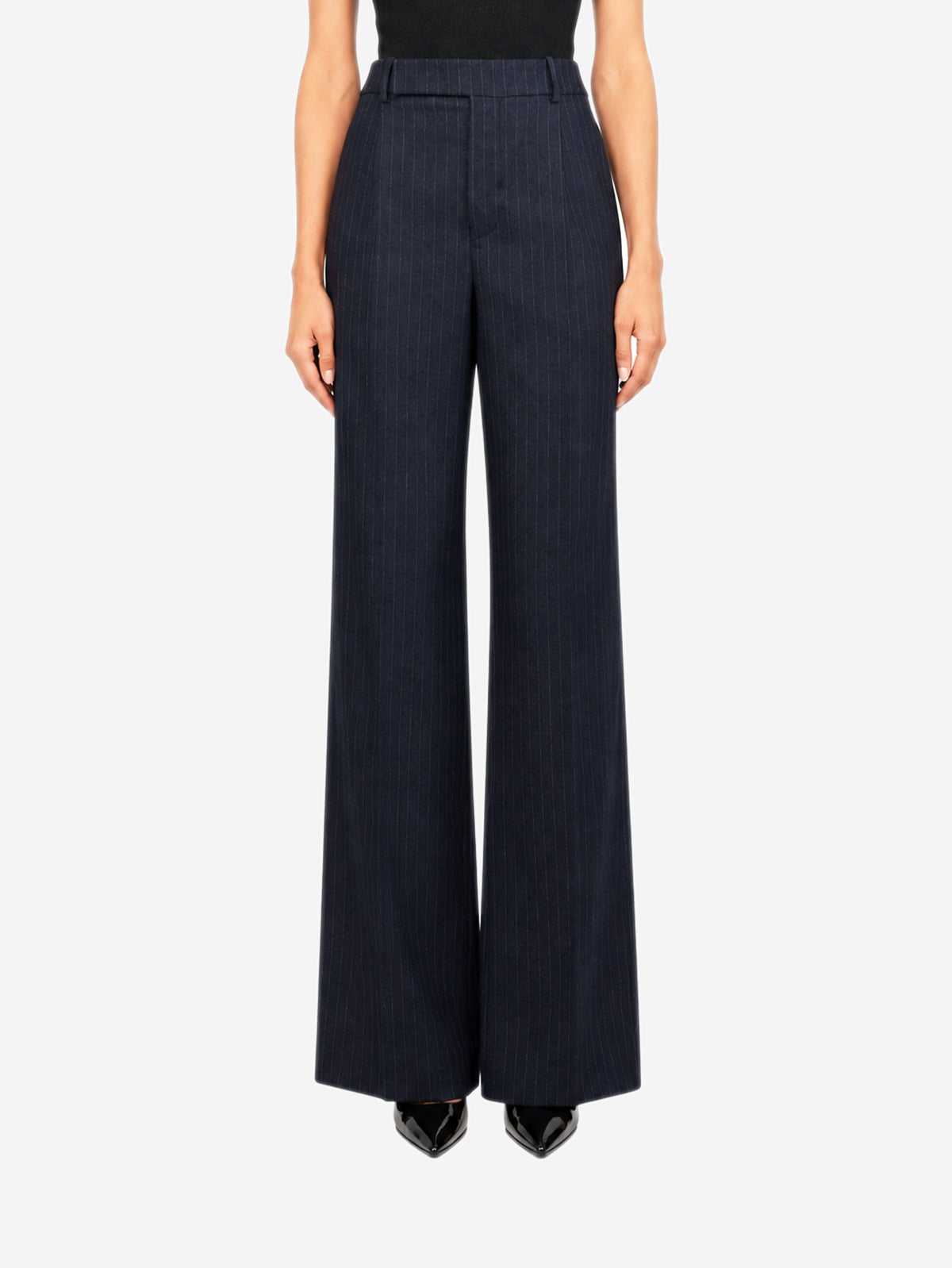 Navy pinstripe high-waisted flared trousers - size UK 8 Trousers Saint Laurent 