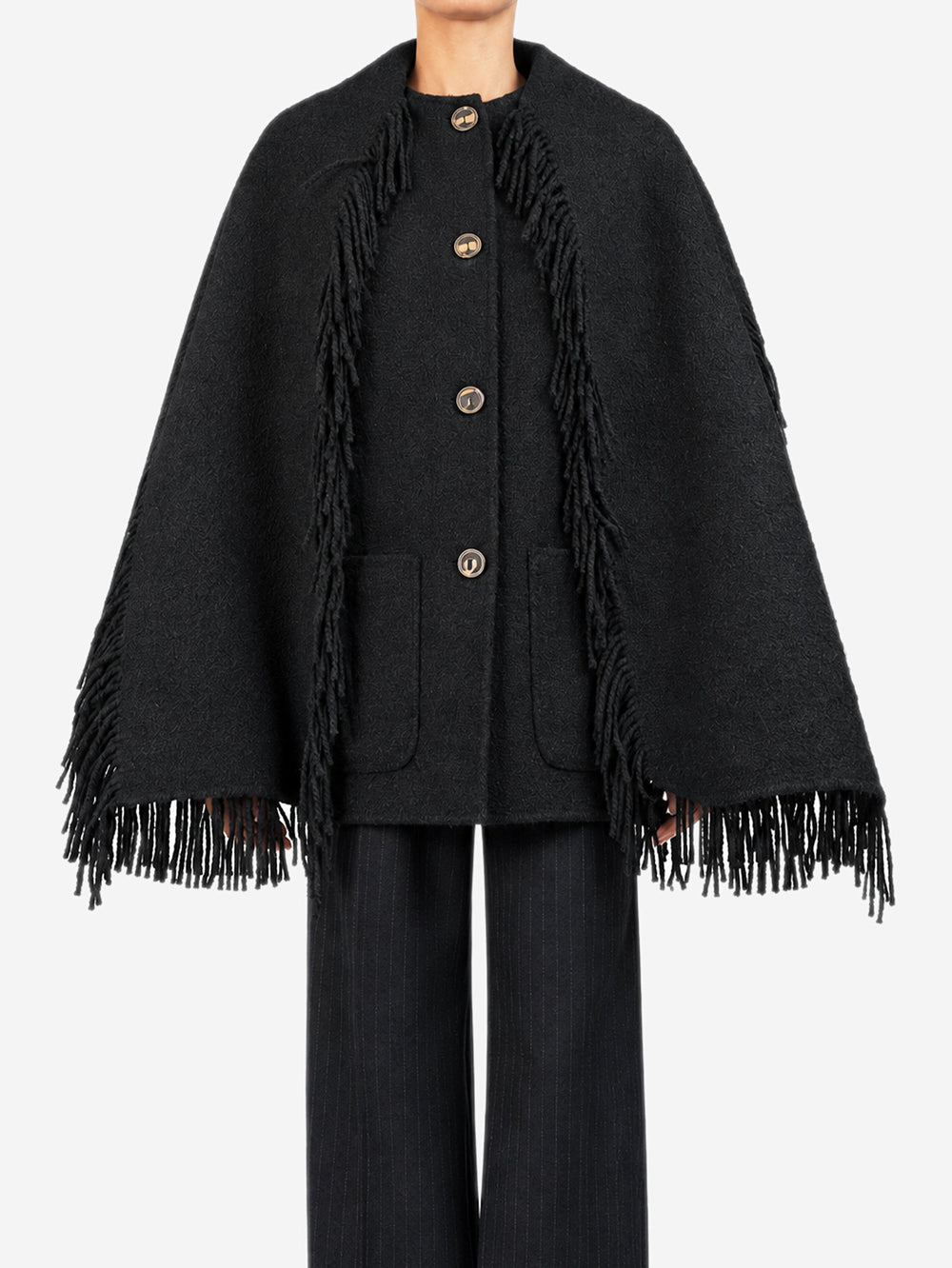 Black wool-blend fringed scarf jacket - size UK 6 Coats & Jackets Toteme 