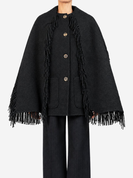 Black wool-blend fringed scarf jacket - size UK 6 product image
