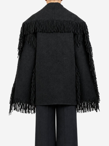 Black wool-blend fringed scarf jacket - size UK 6 alternate image