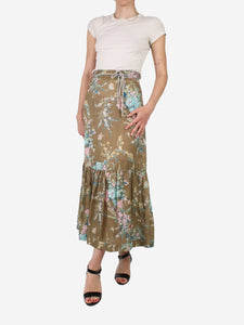 Zimmermann Brown belted floral linen midi skirt - size UK 8