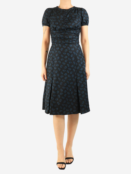 Black and blue silk printed midi dress - size UK 8 product image