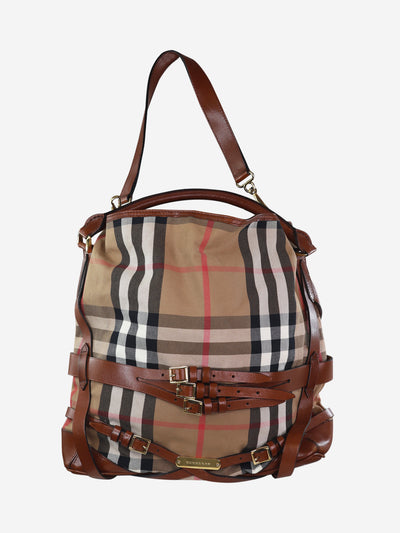 Brown checkered tote with leather belt buckle details Top Handle Bags Burberry 