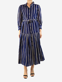 Blue belted striped midi dress - size UK 12 Dresses Beulah 
