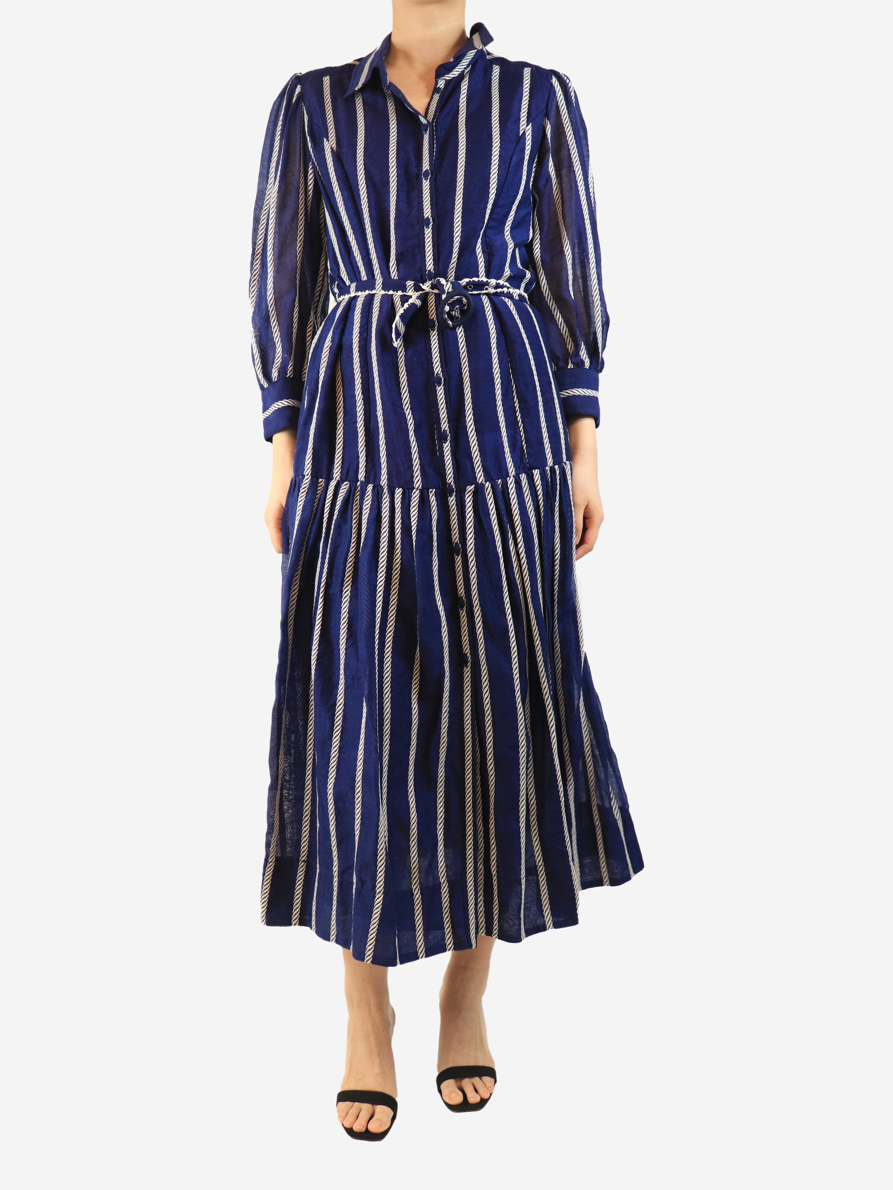 Blue belted striped midi dress - size UK 12 Dresses Beulah 