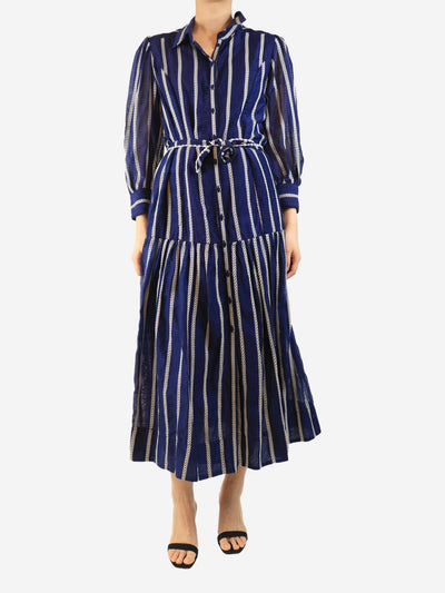 Blue belted striped midi dress - size UK 12 Dresses Beulah 