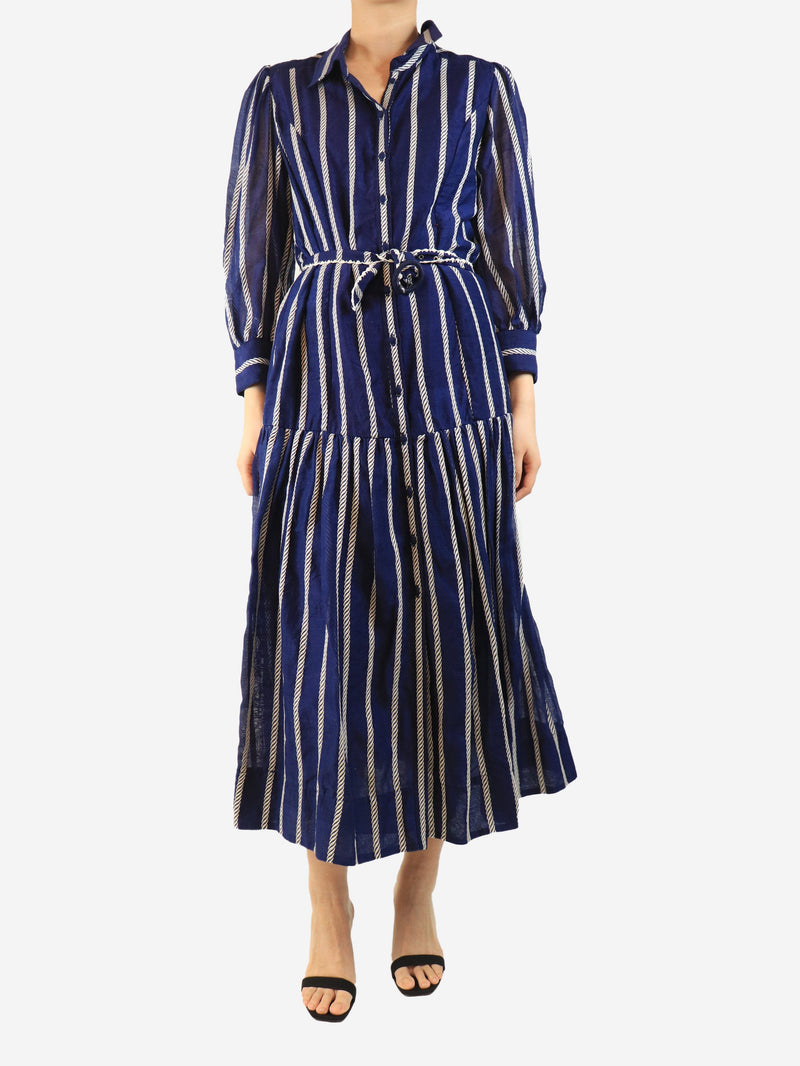 Blue belted striped midi dress - size UK 12 Dresses Beulah 
