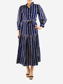 Blue belted striped midi dress - size UK 12 Dresses Beulah 