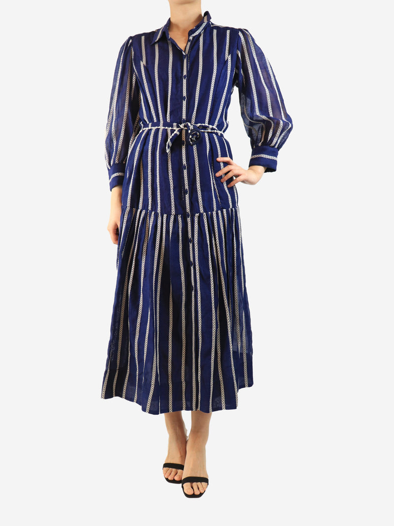 Blue belted striped midi dress - size UK 12 Dresses Beulah 