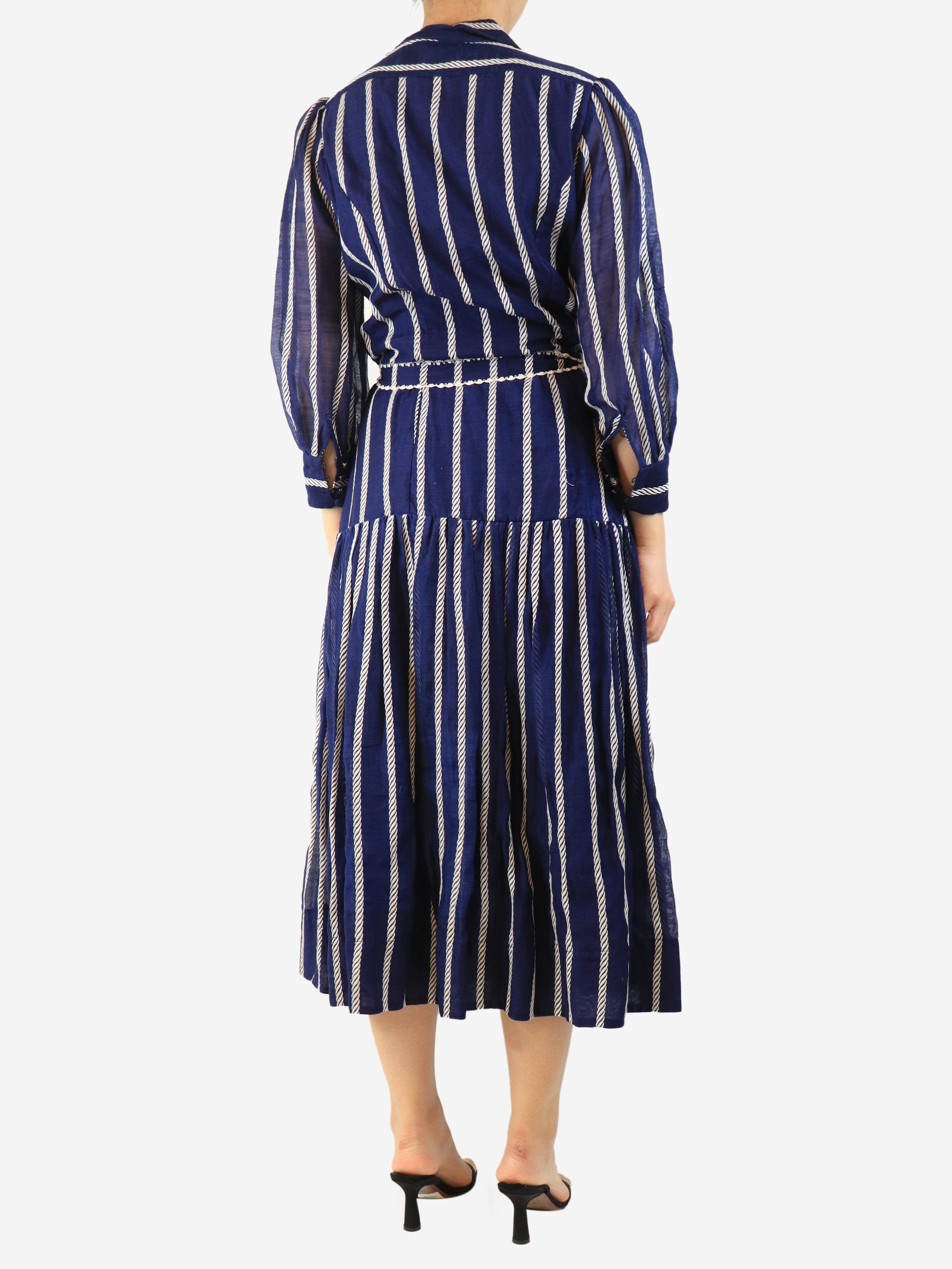Blue belted striped midi dress - size UK 12 Dresses Beulah 