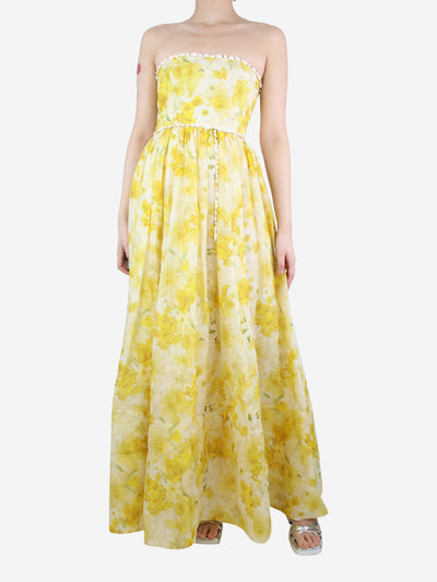 Yellow strapless embellished linen and silk-blend maxi dress - size UK 8