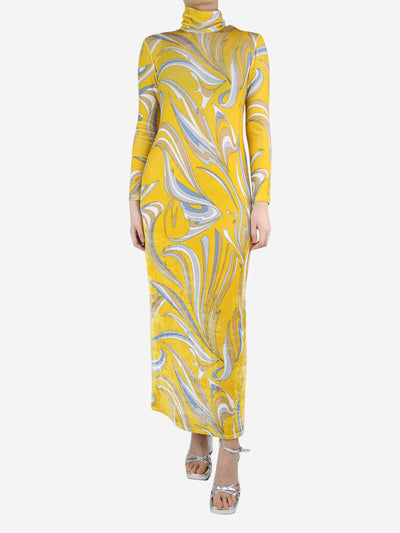 Yellow high-neck velvet printed maxi dress - size UK 10