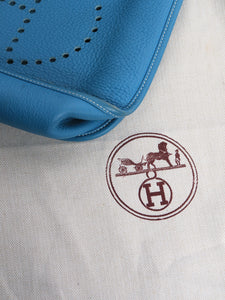 Hermes Bleu Jean Evelyne PM bag in Clemence leather