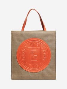 Fendi Khaki embossed logo shopping tote