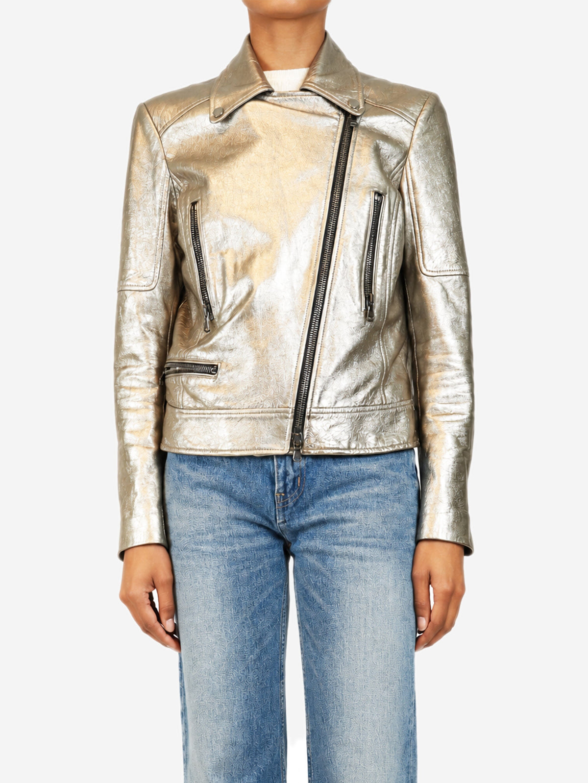Silver metallic leather biker jacket - size UK 10 Coats & Jackets Veronica Beard 