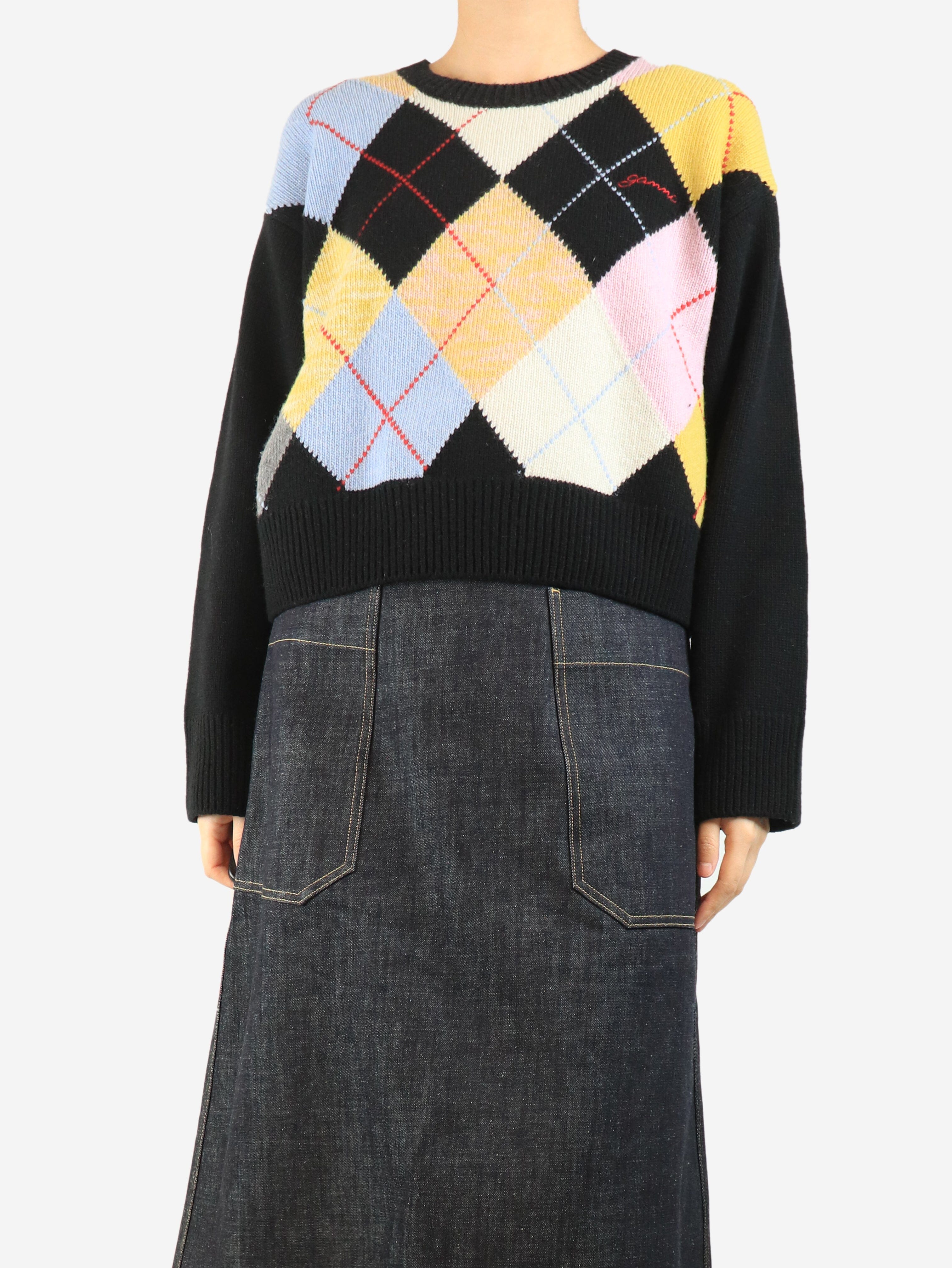 Black cropped Argyle jumper - size S Knitwear Ganni 